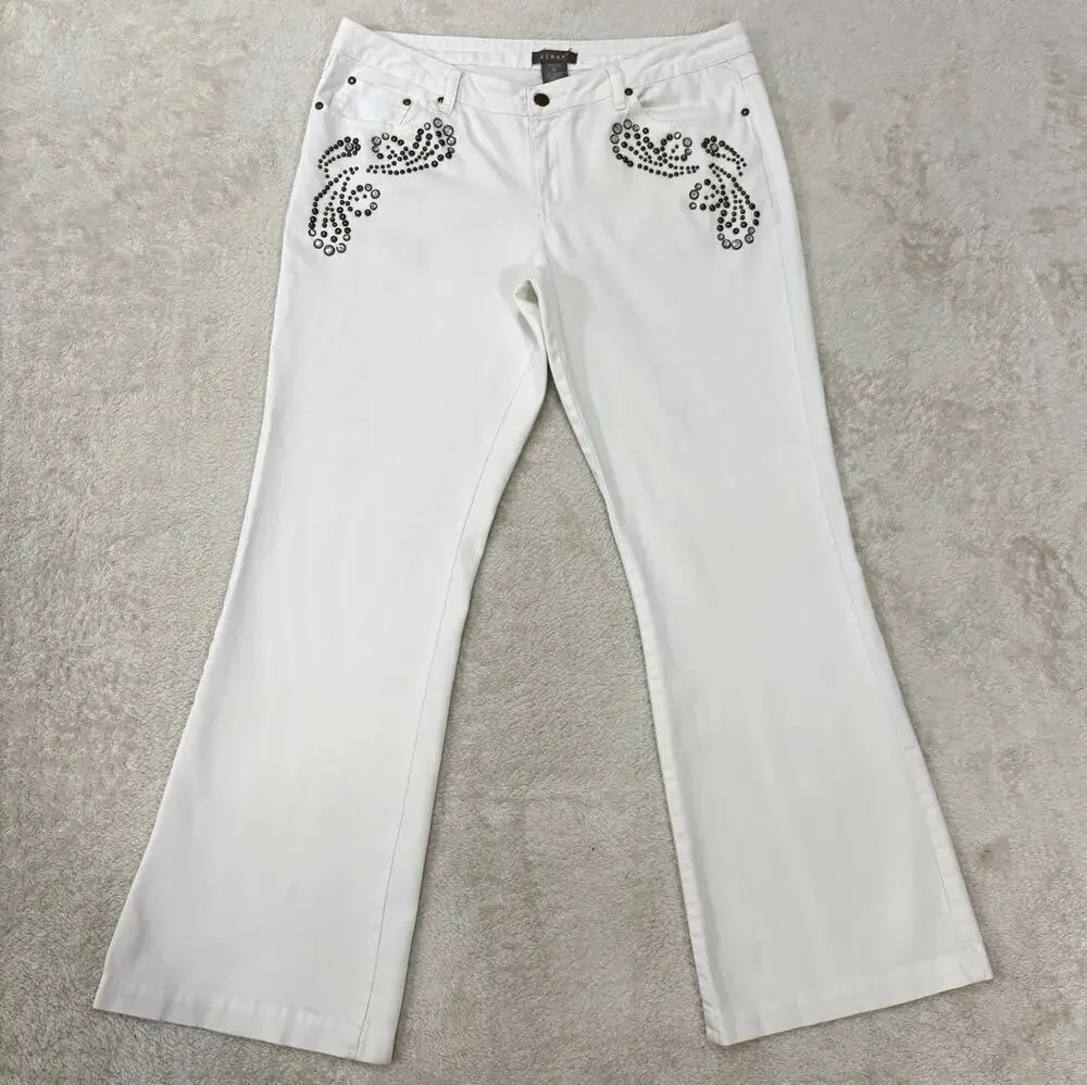 KENAR White Rhinestone Studded Flare Jeans Y2K Bling Cowgirl Size 14